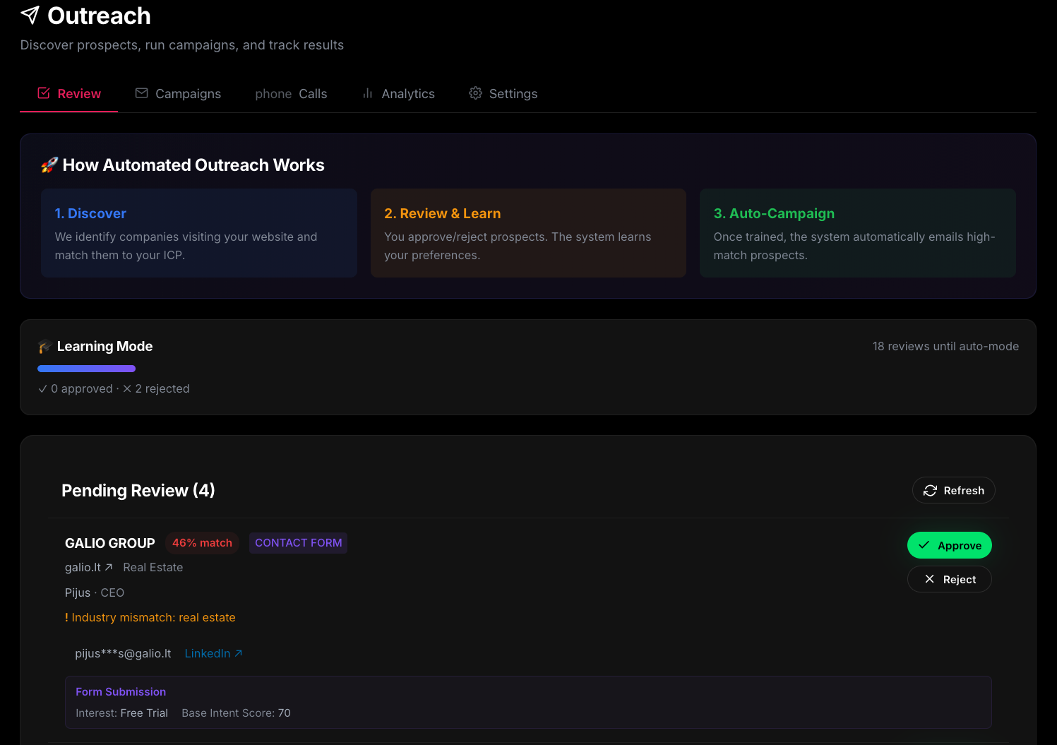 Zoy outreach system with prospect review, learning mode, and auto-campaigns